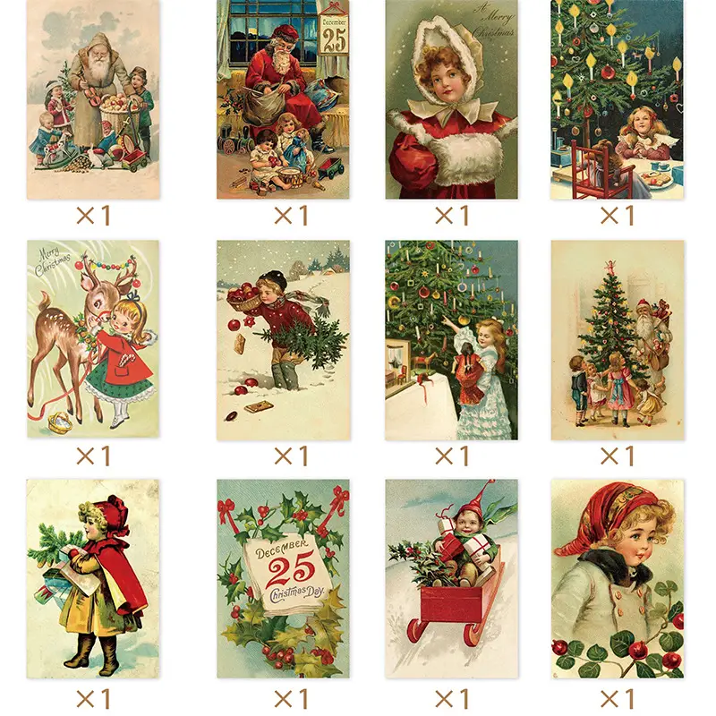 12個のビンテージクリスマスグリーティングカード アンティークな